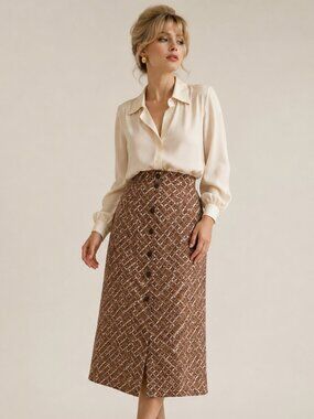 Vintage-Inspired Brown Geometric Button Front Midi Skirt
